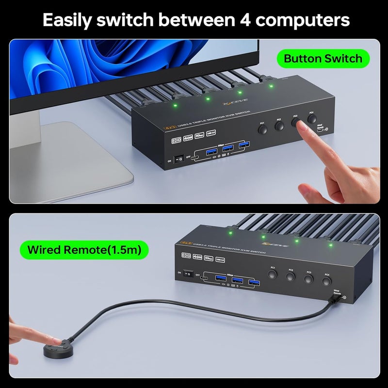 MLEEDA KVM Switch 3 Monitors 4 Computers 4K@60Hz,EDID Simulation,USB 3.0 HDMI Displayport KVM Switch Triple Monitor for 4 PC Share 3 Monitors and Keyboard Mouse Printer,with Wired Remote and 4 USB Cables - Image 5
